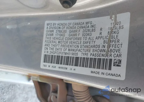 2021 Honda Civic Sport z USA, uszkodzony, nr VIN 2HGFC2F87MH519835